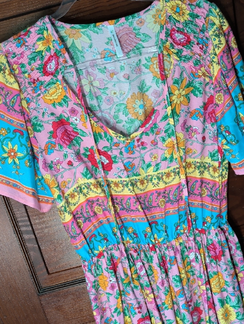 Colorful Floral Boho Maxi Dress With Smocking V Neck And Tie L - Picture 2 of 9